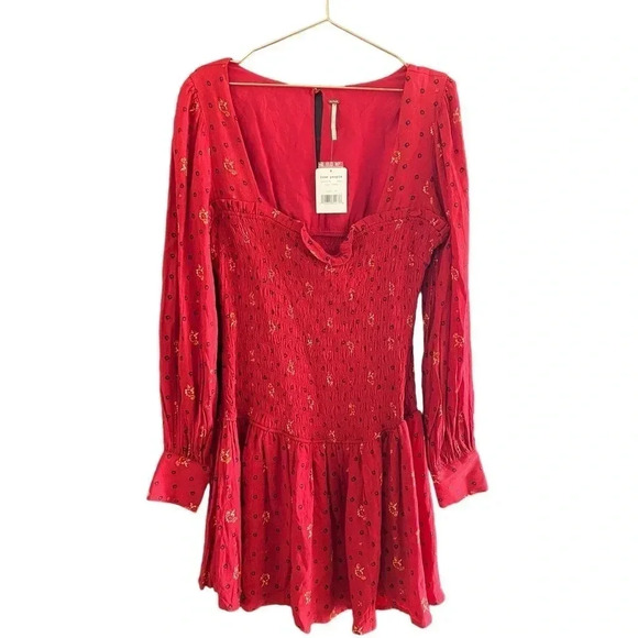 Free People Red Two Faces Printed Floral Boho Mini Dress Size Medium - Picture 2 of 5